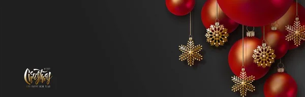 Fond Noir Noël Avec Des Boules Noël Rouges Des Flocons — Image vectorielle