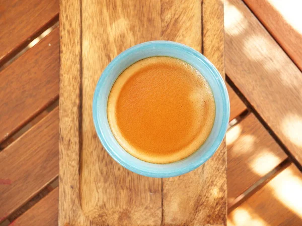 Close Coffee Cup Seen Wooden Tablesummer Colour Meal Friends South — Stock Photo, Image