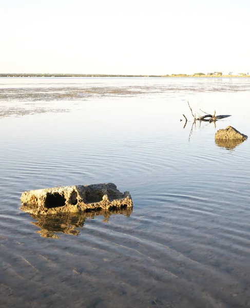 Close Piece Polluting Brick Pond Photo Shows Still Need Educate — Stock Photo, Image