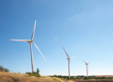 Güneşli bir yaz gününde bir tarlada rüzgar türbini manzarası