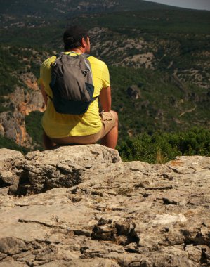Arkadan görülen yürüyüşçü dağ manzarasına bakıyor.
