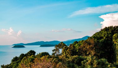 Güneşli bir günde, Tayland 'ın Koh Phangan adasındaki güzel mavi gökyüzüne karşı yoğun yeşil ormanlarla, palmiyelerle ve açık mavi deniz suyuyla kaplı dağlarla kaplı tropikal yaşam.