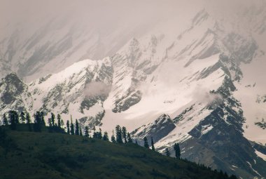 Himalaya dağlarının karlı zirveleri Manali, Himachal Pradesh, Hindistan yakınlarındaki bulutlarda.