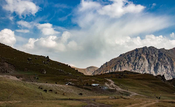 Rusya 'nın Kabardino-Balkaria kentindeki Elbrus yakınlarında güzel bir arka plan ve bulutlu gökyüzü ile dağlarda küçük bir köy.