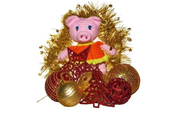 Pembe domuz altın Noel çelenk önünde duran wi