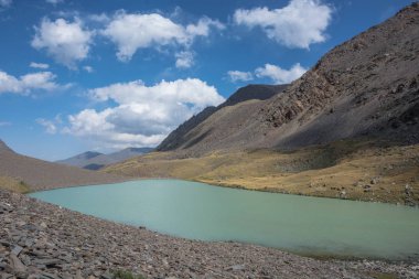 Güzel göl, gökyüzü ve buzul dağ manzarası.