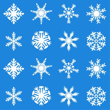 Kar tanesi vektör simge arka plan mavi rengini ayarlayın. Kış beyaz Noel kar tanesi kristal öğesi. Hava illüstrasyon buz koleksiyonu. Xmas frost düz izole siluet simge