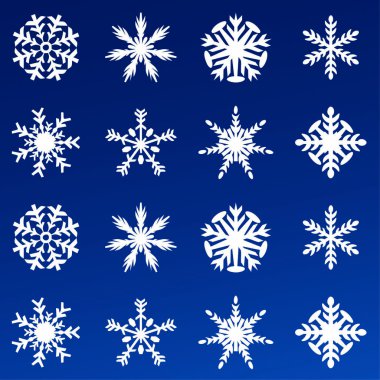 Kar tanesi vektör simge arka plan mavi rengini ayarlayın. Kış beyaz Noel kar tanesi kristal öğesi. Hava illüstrasyon buz koleksiyonu. Xmas frost düz izole siluet simge