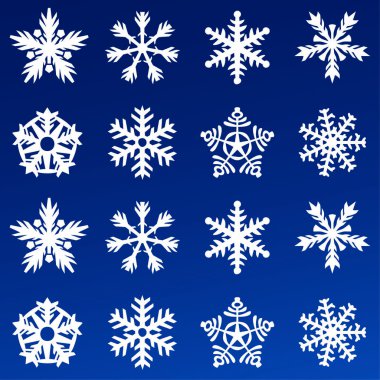 Kar tanesi vektör simge arka plan mavi rengini ayarlayın. Kış beyaz Noel kar tanesi kristal öğesi. Hava illüstrasyon buz koleksiyonu. Xmas frost düz izole siluet simge