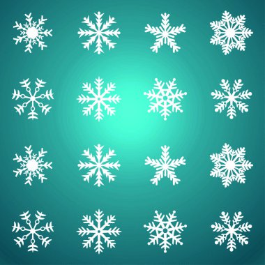 Kar tanesi vektör simge degrade arka plan mavi rengini ayarlayın. Kış Beyaz Noel kar tanesi kristal öğesi. Hava illüstrasyon buz koleksiyonu. Xmas frost düz izole siluet simge