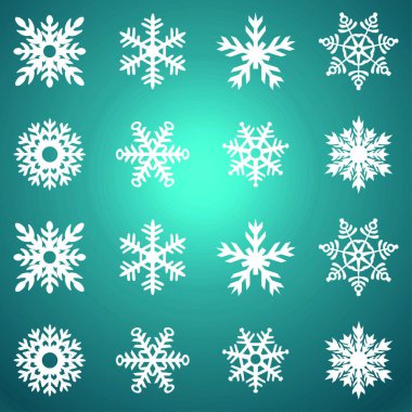 Kar tanesi vektör simge degrade arka plan mavi rengini ayarlayın. Kış Beyaz Noel kar tanesi kristal öğesi. Hava illüstrasyon buz koleksiyonu. Xmas frost düz izole siluet simge