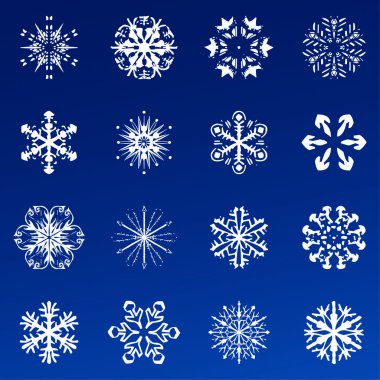 Kar tanesi vektör simge arka plan mavi rengini ayarlayın. Kış beyaz Noel kar tanesi kristal öğesi. Hava illüstrasyon buz koleksiyonu. Xmas frost düz izole siluet simge