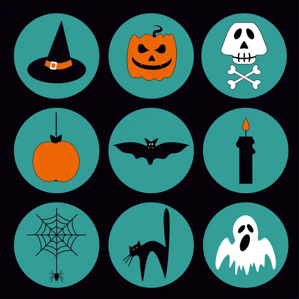 Jogo Vetor Halloween Ícones Símbolos Assustador Fundo Preto Desenho Animado — Vetor de Stock