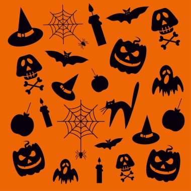 Cadılar Bayramı siyah simge seti. Turuncu arka plan. Tebrik, davet veya poster tasarım öğeleri.