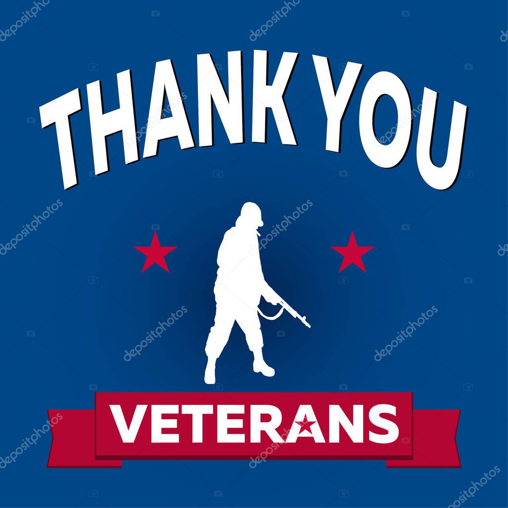 Veteran day poster. Soldier with gun, two patriotic old red stars, 