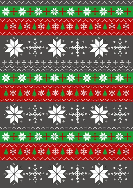 Neşeli Noel mutlu yeni yıl tebrik kartı kare örgü desen kar taneleri ile. Geleneksel Kazak modeli. Kırmızı ve yeşil şerit arka plan. Doku walpaper için. Vektör çizim.