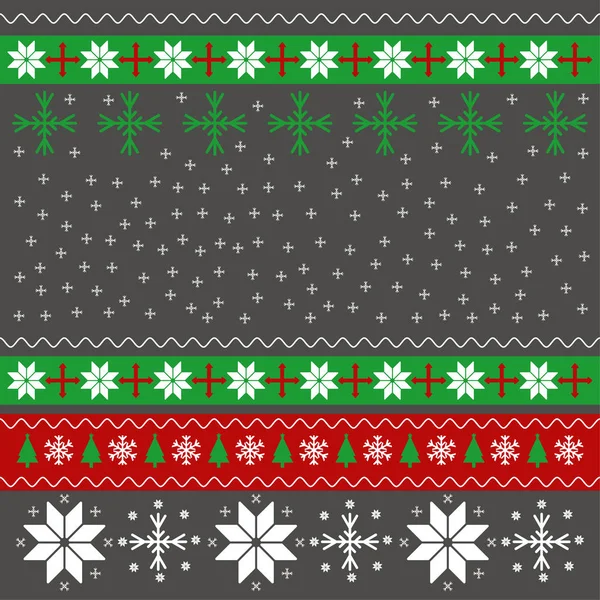 Neşeli Noel mutlu yeni yıl tebrik kartı kare örgü desen kar taneleri ile. Geleneksel Kazak modeli. Kırmızı ve yeşil şerit arka plan. Doku walpaper için. Vektör çizim.