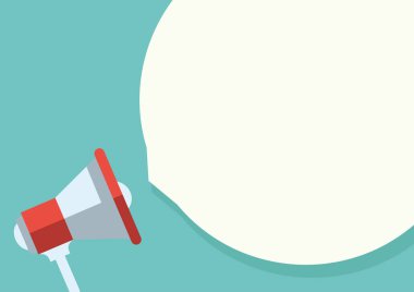 Düz tasarım vektör iş illüstrasyon kavramı kabarcık konuşma. Dijital pazarlama megafon için Web sitesi ve promosyon afiş. Turkuaz arka plan.