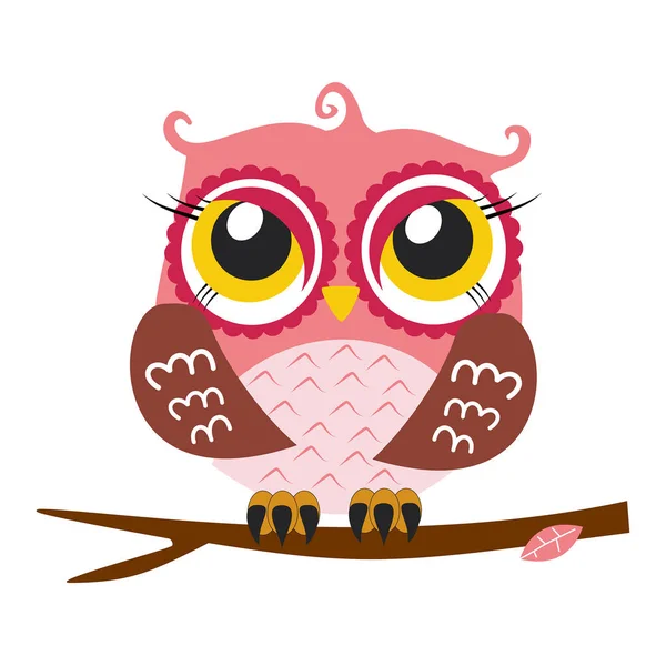 Cute Pink Owl Sitting Branch Cartoon Character Isolated White Vector — Stock Vector