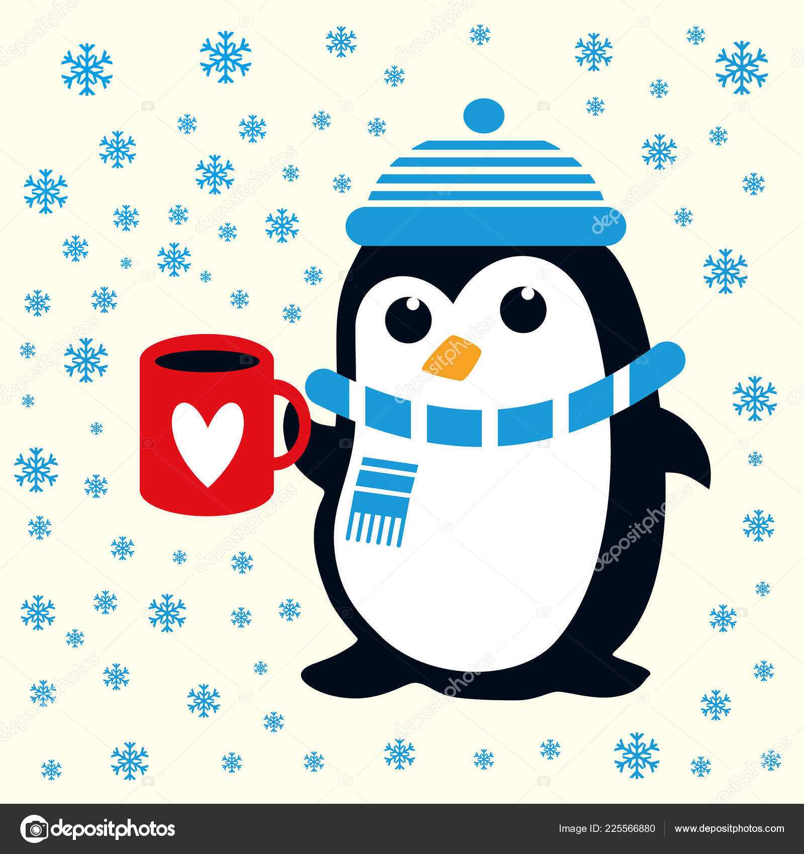 青い帽子とスカーフの心と赤カップ面白いかわいいペンギン クリスマス布壁紙 包装紙 パーティの招待状と同様 休日のプロジェクト 雪の結晶の背景 ストックベクター C Sergfear