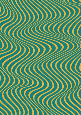 Soyut dikey dalgalı geometrik desen. Sarı ve mavi dalgalar, şeritler ile vektör doku. Dinamik 3d efekti, hareket yanılsaması. Modern arka plan.