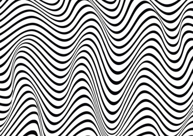 Soyut yatay dalgalı geometrik desen. Siyah ve beyaz dalgalar, şeritler ile vektör doku. Dinamik 3d efekti, hareket yanılsaması. Modern tek renkli arka plan.