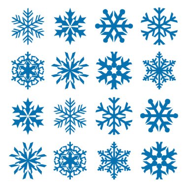 Kar tanesi vektör simge arka plan mavi rengini ayarlayın. Kış beyaz Noel kar tanesi kristal öğesi. Hava illüstrasyon buz koleksiyonu. Xmas frost düz izole siluet simge