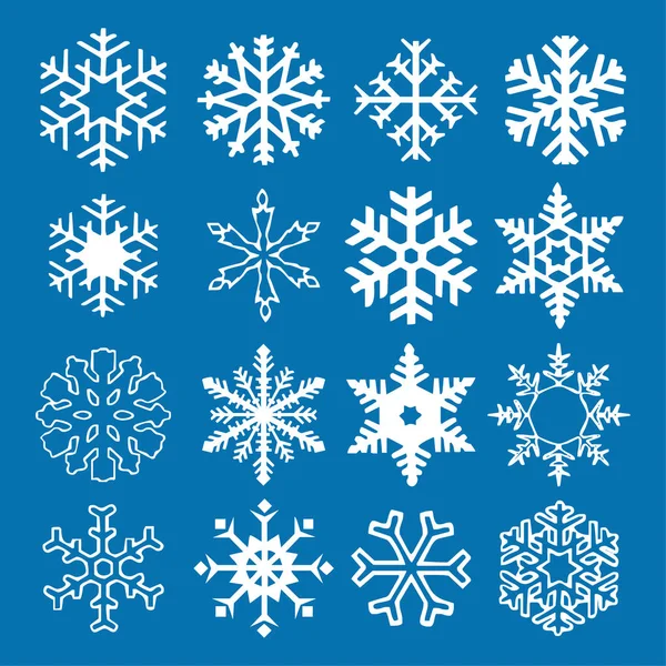 雪花矢量图标背景设置蓝色 冬季白色圣诞雪花片水晶元素 天气例证冰汇集 圣诞节霜平隔离剪影符号 — 图库矢量图片