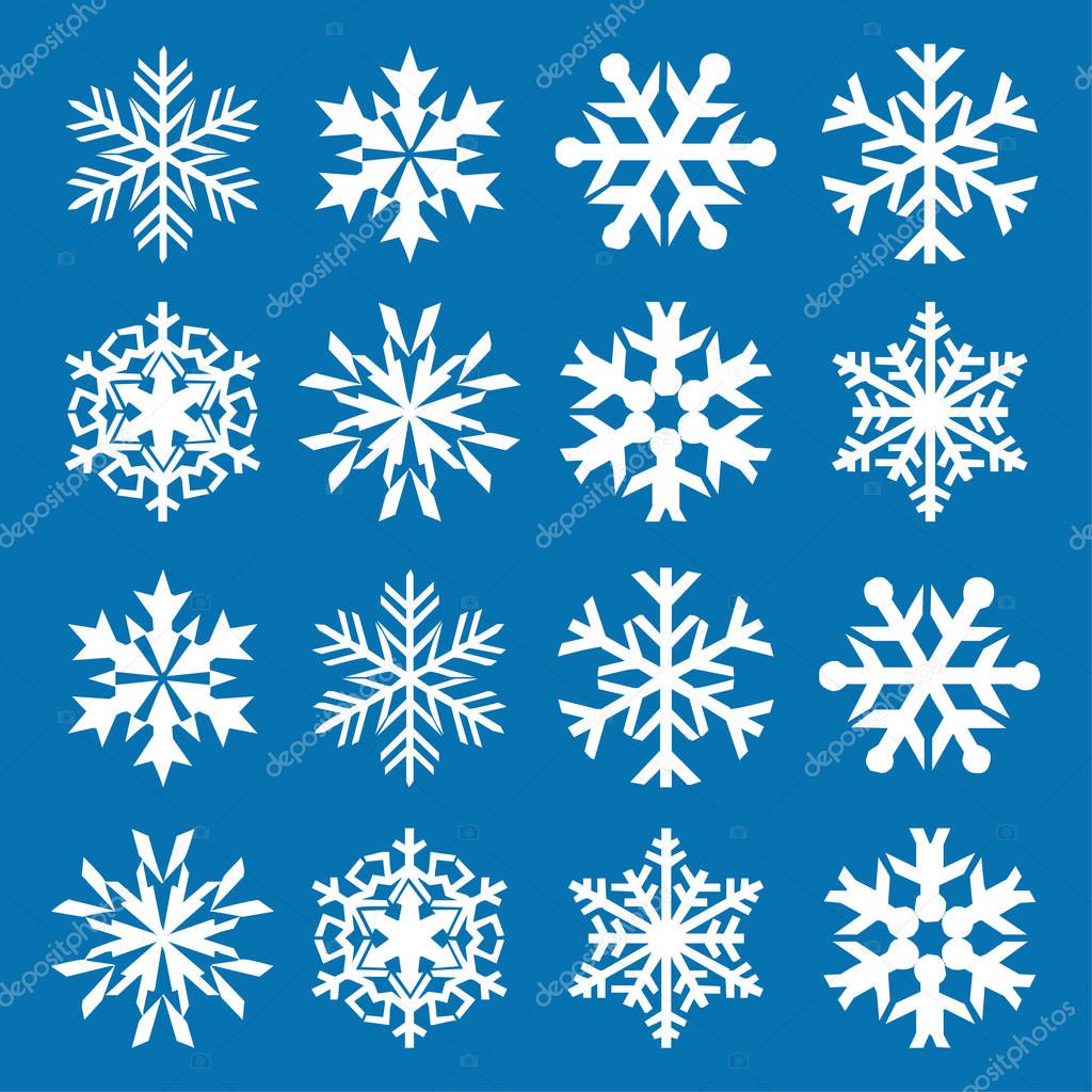 Snowflake vector icon background set blue color. Winter white christmas snow flake crystal element. Weather illustration ice collection. Xmas frost flat isolated silhouette symbol