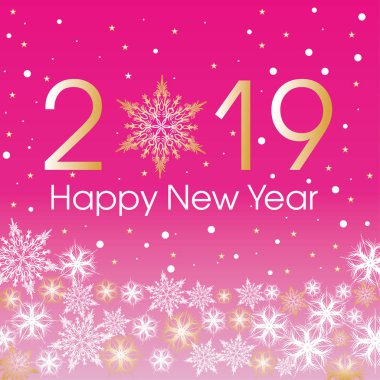 2019 mutlu yeni yıl kartı şablonu. Altın ve pembe renkle kuvvetler kar taneleri tasarım. Kar tanesi vektör simge arka plan plastik pembe rengini ayarlayın. Eğilim 2019. 