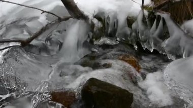 Güzel kış manzarası. Donma dağ nehirde su. Ekoloji erime kavramı. 