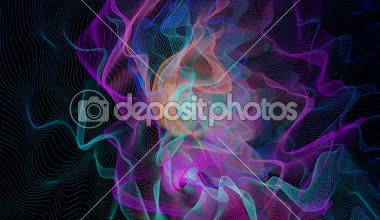 Animasyon siyah arka plan üzerinde renkli partical satır soyutlama. 3D çizim duygu hareket alanı, fraktal, bükülmüş dalgalar.