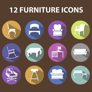 Ayarla, 12 düzenlenebilir mobilya simgeler coloful circle gölge ile. Web, mobil, UI ve Infographic tasarımı için kullanılabilir. Vektör çizim üzerinde beyaz izole.