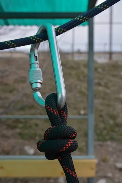 Carabina Cuerda Trepadora Nudo Equipo Escalada — Foto de Stock