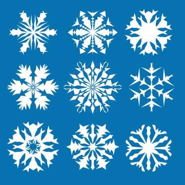 Kar tanesi vektör simge arka plan mavi rengini ayarlayın. Kış beyaz Noel kar tanesi kristal öğesi. Hava illüstrasyon buz koleksiyonu. Xmas frost düz izole siluet simge