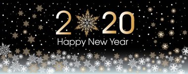 Mutlu Yıllar 2020 siyah degrade arka plan üzerinde altın ve beyaz kar taneleri ve yıldız ile şablon.