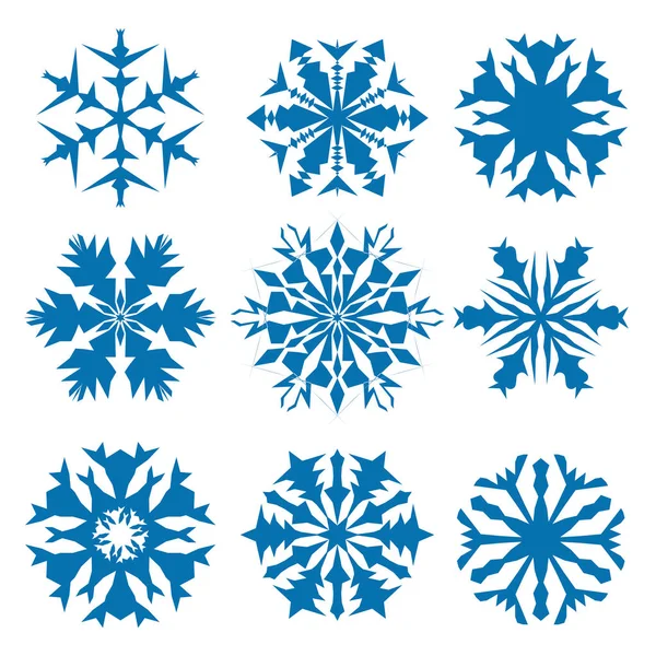 Copo de nieve icono vector fondo conjunto de color azul. Invierno blanco navidad copo de nieve elemento de cristal. Colección de hielo ilustración del tiempo. Símbolo de silueta aislada plana helada de Navidad — Archivo Imágenes Vectoriales