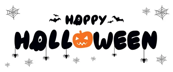 Cartaz vetorial com tipo de Feliz Halloween, abóbora com morcego, aranha e teia . — Vetor de Stock