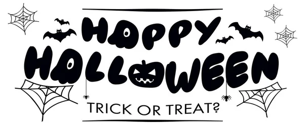 Cartaz vetorial com tipo de Feliz Halloween, abóbora com morcego, aranha e teia . — Vetor de Stock