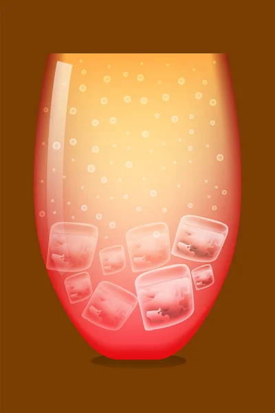 Ett glas cocktail med is och bubblor. Röd och gul lemonad. — Stock vektor