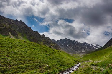 Dağlarda yürüyüş parkurları olan sakin bir yaz manzarası. Güzel yeşil dağ çayırları, mavi gökyüzü, nehir ve tugaylar. Kırgız Alatoo Dağları, Tian-Shan, Adygine, Kırgızistan.