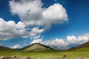 Dağlarda yürüyüş parkurları ve güzel yeşil dağ çayırları olan huzurlu bir yaz manzarası..