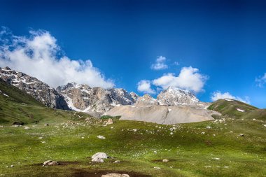 Dağlarda yürüyüş parkurları ve güzel yeşil dağ çayırları olan huzurlu bir yaz manzarası..