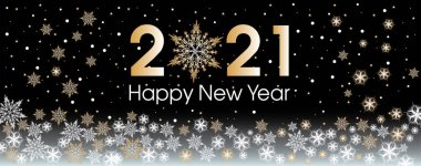 2021 Altın ve beyaz kar taneleri ve siyah arkaplandaki yıldızlarla mutlu yıllar şablonu.