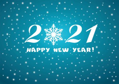 2021 Mutlu Yıllar Mavi Arkaplan Beyaz yıldızlar ve kar taneleri Mevsimlik İlanlar ya da Noel için.