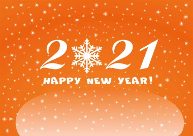 2021 Mutlu Yıllar, turuncu arka plan. Beyaz yıldızlar ve kar taneleri mevsimlik Noel 'iniz için..