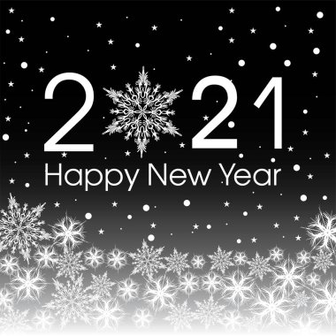2021 Mutlu Yıllar Kart Şablonu. Tasarım deseni kar taneleri beyaz ve siyah renk.