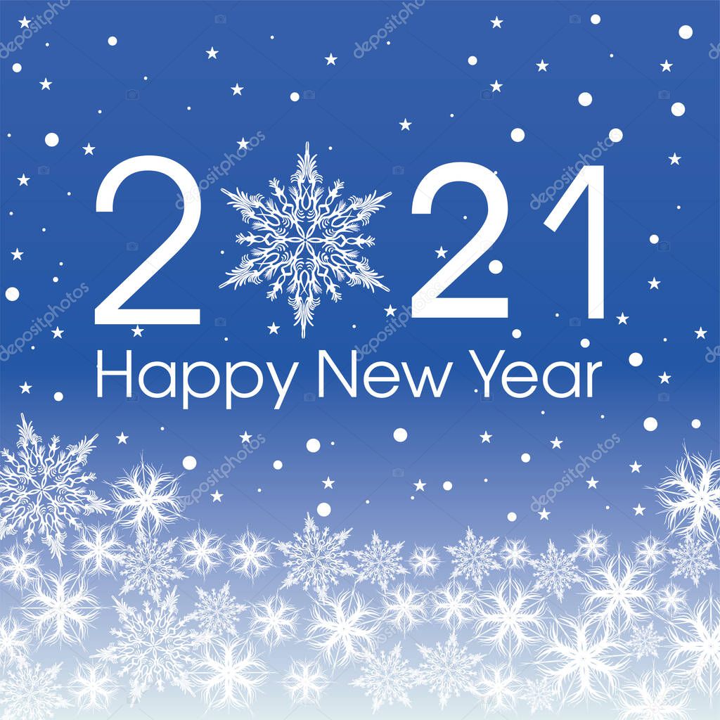 2021 Happy New Year card template. Design patern snowflakes white and classic blue color.