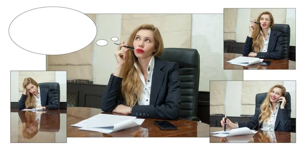 İş kadını düşünmek boş kopya alanı, genç çekici iş kadın düşünmek, fikir, klasör kalemi çene üzerinde tutmak için. Modern ofiste durulması kavramı. Metniniz için fotoğraf üstündeki konuşma balonu. Fotoğraf çizimler