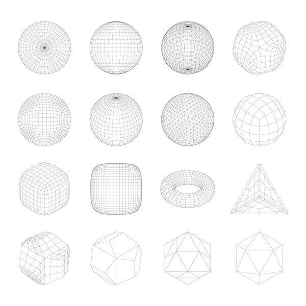 Wireframe mesh objects. Network line, HUD design sphere. Abstract 3d icons set. Isolated on white background